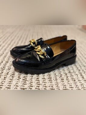 Classic Black Patent Loafer with Gold Chain Accent - Women
